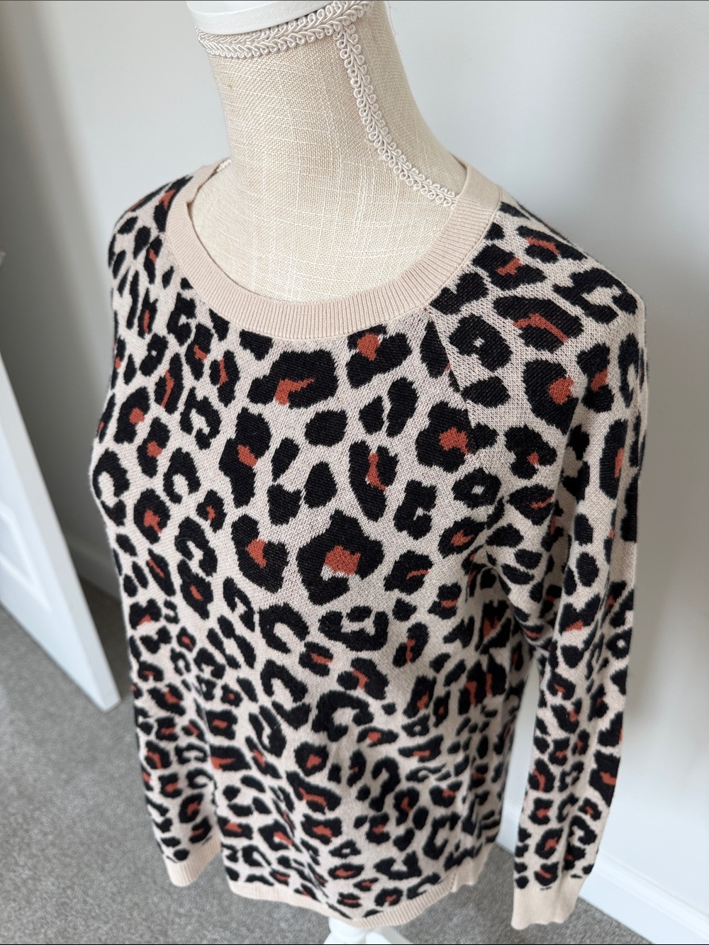LOFT Leopard-Print Crewneck Sweater in Beige, Black and Rust